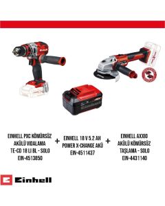 Einhell 18V 5.2Ah Akülü Vidalama TE-CD 18 Li BL+ AXXIO Taşlama Makinası + Power X-Change Seti